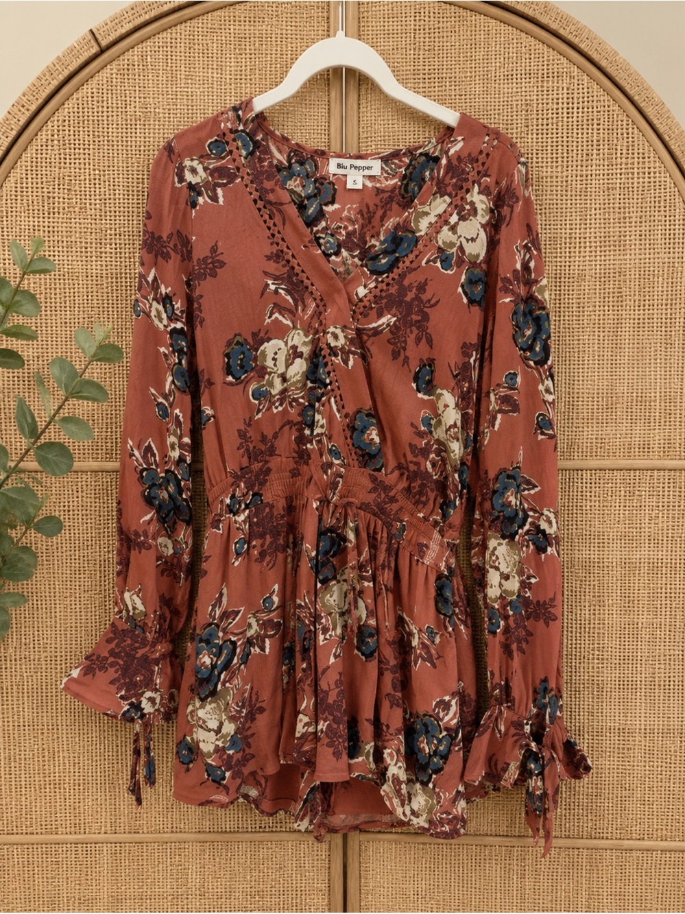 Blu Pepper Rust Floral Surplice Long Sleeve Romper